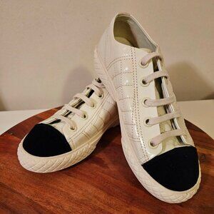 Chanel White Quilted Tennis Shoes Sz 38 (US 8) Black Capped Toe EUC